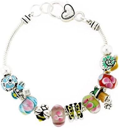 Garden Charm Bracelet BB Pink Murano Beads Butterfly Bee Butterfly Snail Flowers