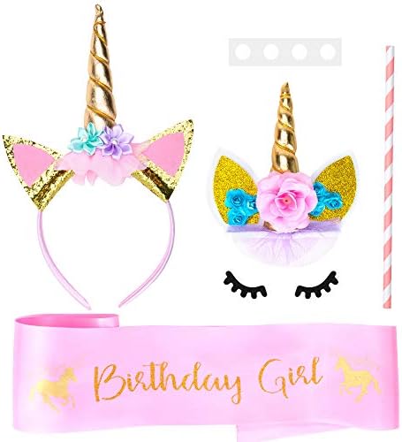 Fanxieast Unicorn Birthday Girl Set Gold Glitter Unicorn Headband & Pink Satin Sash Girls Ebook Included, Happy Birthday Unicorn Party Supplies, Favors & Decorations - 2018 (Cake Topper, 1 Set)