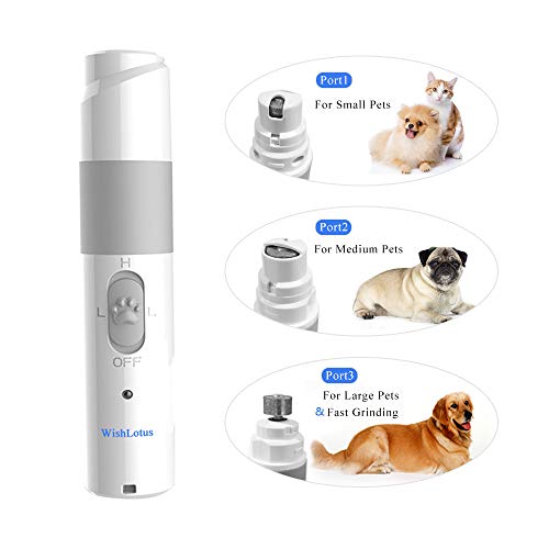 WishLotus Electric Pet Nail Grinder 2-Speed Quiet Trimmer USB Charging Nail Clipper with 3 Grinding Ports Suit for Dogs Cats Bird Rabbit and Other Animals (White)