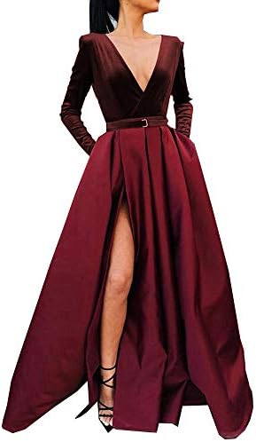 MariRobe Women's High Split Evening Dress V Neck Prom Gown Long Sleeve Party Gown