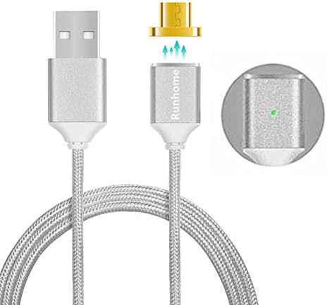[Upgraded Version] Runhome Magnetic Micro USB Fast Charger Braided Power Cord, Strong Magnet USB Charging Cable with LED Indicator Adapter for Android Kindle Samsung LG Huawei Moto 3Ft Silver