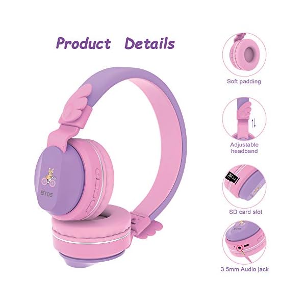 Headphones-Riwbox-BT05-Wings-Kids-Headphones-Wireless-Bluetooth-Over-Ear-85dB103db-Volume-Control-Children-Foldable-Headphones-with-MicTF-Card-Compatible-with-TabletSmartphoneSchool-PurplePink Headphones, Riwbox BT05 Wings Kids Headphones Wireless Bluetooth Over Ear 85dB/103db Volume Control Children Foldable…