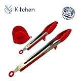 Silicone Kitchen Tongs And Firm Silicone Gripper 1.0mm - Set Of 9 And 12 Inch Extra Thick Stainless Steel With Built-in Stand For BBQ, Cooking And Serving - Sturdy Smooth-glide Locking Action