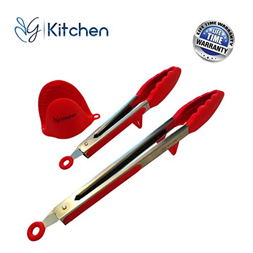 Silicone Kitchen Tongs And Firm Silicone Gripper 1.0mm - Set Of 9 And 12 Inch Extra Thick Stainless Steel With Built-in Stand For BBQ, Cooking And Serving - Sturdy Smooth-glide Locking Action