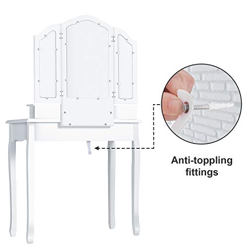 image for Tiptiper Vanity Set with Cushioned Bench, Makeup Table with Tri-Foldin