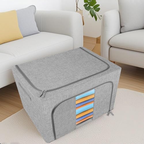 Eyeleaf Storage Bags with Zips, 3PCS Linen Clothes Storage Bag 24L 66L 100L Large Storage Bags Foldable with Metal Frame Lid Clear Window Durable Handles for Clothes Bags (66L)