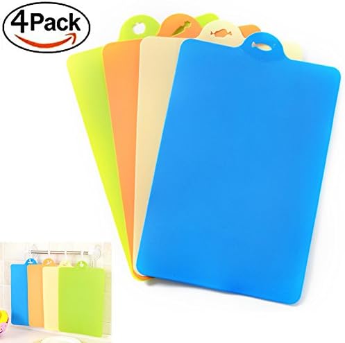 Extra Thick Flexible Plastic Cutting Board Mats With Food Icons,Set of 4 Color Coded Boards Happy Kitchen Collection (4)