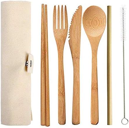 HINMA2 Bamboo Cutlery Set, Reusable Bamboo Flatware Set Travel Utensils 7.5 Inches Bamboo Knife, Fork, Spoon, Metal Straw with Clean Brush(B)
