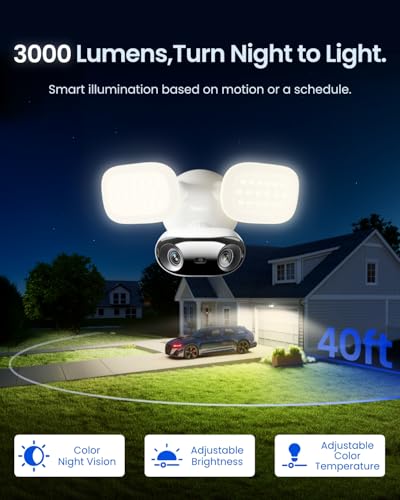 Reolink Elite Floodlight WiFi, 4K 8MP 180° Panoramic Wired Floodlight Camera, Adjustable 3000 Lumens Spotlights, AI Video Search, Dual-Band Wi-Fi 6, 24/7 Recording, No Monthly Fees