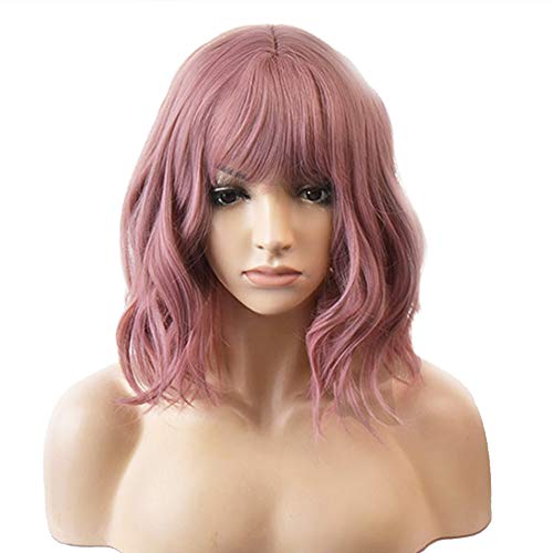 BERON 14'' Short Curly Women Girl's Charming Synthetic Wig with Air Bangs Wig Cap Included (Taro Purple Mixed Pink)