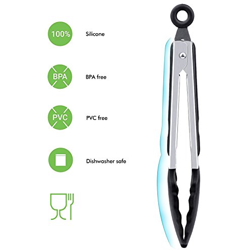 Cooking Tongs, AUKUYEE Food Tongs Kitchen Tongs of 3 Set 7,9,12 Inch Nonstick Stainless Steel Silicone Tips, Heat Resistant, Locking, Ergonomic Grip for BBQ, Grill, Salad, Cooking (Black)