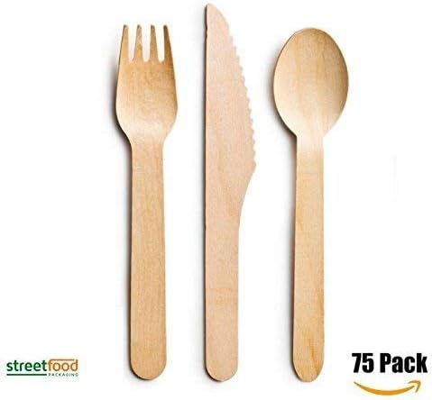75-Piece Party Essentials: Wooden Cutlery Sets, and 75 pcs [25 Forks, 25 Spoons, 25 Knives] for Parties, Events, Catering, Families, Hotels or Restaurants
