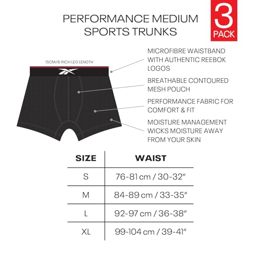 Reebok Calzoncillos bóxer Glynn para Hombre, Pack de 3 Calzoncillos Deportivos, Transpirables y elásticos,Pack múltiple de Calzoncillos bóxer, Color Negro