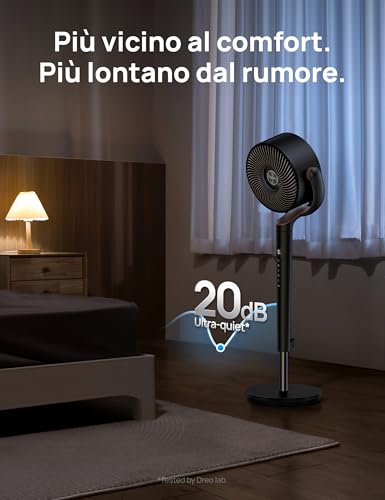 DREO Silent Pedestal Fan 20dB with Omnidirectional Oscillation 120°+120°, Wind Range up to 26m, Airflow 1615m³/h, Height Adjustable 94-107cm, 3 Modes and 8 Speeds