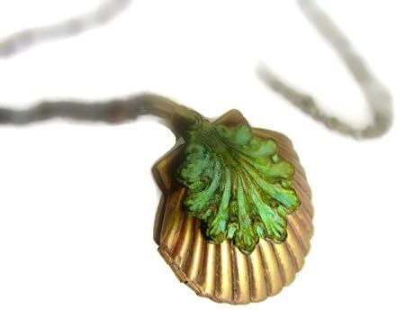 Shell locket necklace that holds photos antique bronze with green shell
