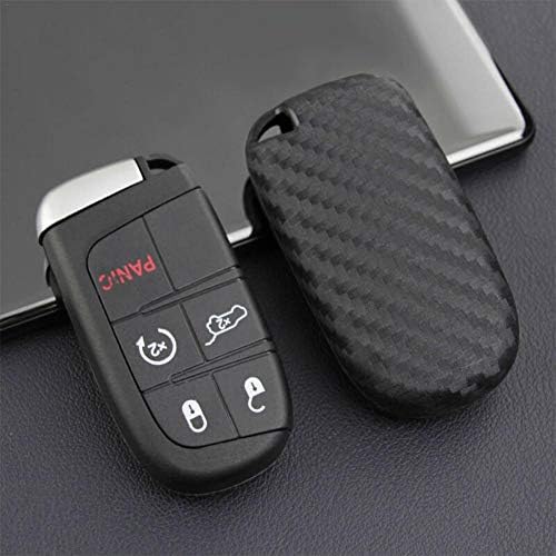 Minear ABS Carbon Fiber Key Fob Cover Silicone Car Key Cover Key Case Car Keychain Accessories For Jeep Dodge Chrysler 6 Button Key Cover(Black)