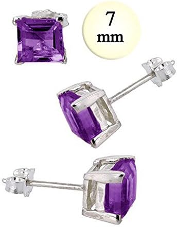 Sterling Silver Stud Earring Aprx 2.5 Carat Total Weight, 7mm Each Princess Cut Simulated Amethyst Gemstone Earring. Set on High Quality Prong Setting with Rhodium Finish &amp; Friction Style Post