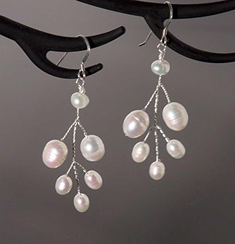 Long freshwater pearl leaf earrings in sterling silver | Handmade Art Nouveau bridal wedding woodland nature inspired jewelry