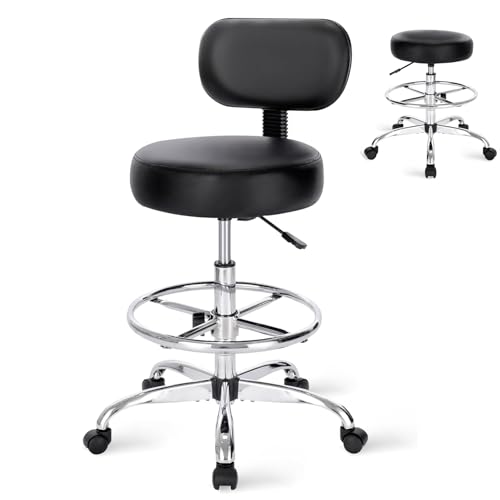 Drafting Chair with Backrest, Adjustable Footrest Rolling Stool with Wheels, Swivel Stool for Office Spa Studio Lab Counter Salon Work, Black 60 * 60 * 113Cm