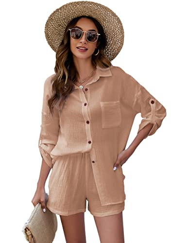 2 PIECE OUTFITS FOR WOMEN, LOUNGE SETS PAJAMA SETS LONG SLEEVE BUTTON DOWN OVERSIZED SHIRTS AND SHORTS WITH POCKETS(KHAKI-XS)