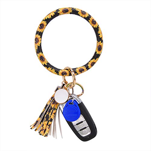 Coolcos Wristlet Keychain Bracelet Bangle Keyring - Large Circle Key Ring Leather Tassel Bracelet Holder For Women Girl (A Lmited Edition A-Sunflower)
