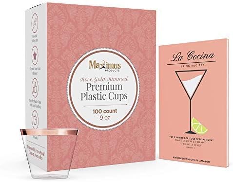 MaximusProducts Premium 9oz Rose Gold Rimmed Clear Durable Plastic Party Tumbler Cups with eBook – 100 2019 9oz Elegant Disposable Cups Designed for Special Events + Free Book with Drink Recipes