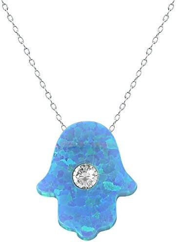 Turkish Amulet Necklace Evil Eye Blue Opal Hamsa Pendant with Sterling Silver Chains Necklaces