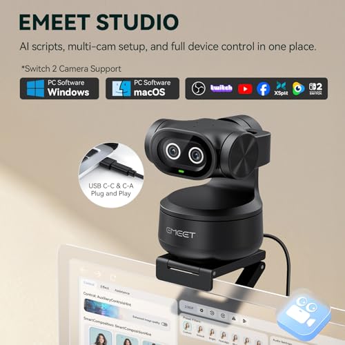 EMEET PIXY Dual-Camera AI-Powered PTZ Camera 4K, AI Tracking, PDAF&AI Autofocus 0.2s, 1/2.55'' Sensor, 3 Mics, Presets, Gesture Control, 4K Webcam for Streaming and OBS/Twitch/Switch 2 Compatible