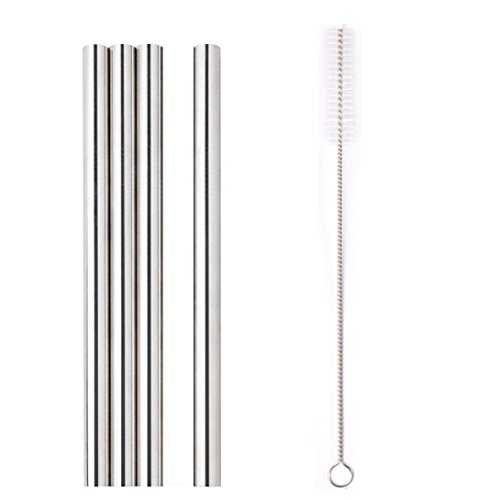 Iusun 4PC Stainless Steel Metal Straws Extra Wide 12mm Reusable Drinking Straws+ Cleaning Brush for Kitchen Bars Canteen (Silver)