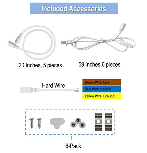 6-Pack HouLight Corded LED T5 Integrated Light Fixture, Super Bright Daylight White(6500K), 4-Foot, 2200 Lumens, 18W, Built-in ON/Off Switch, for Under Cabinet Light, Ceiling Light, and Shop Light