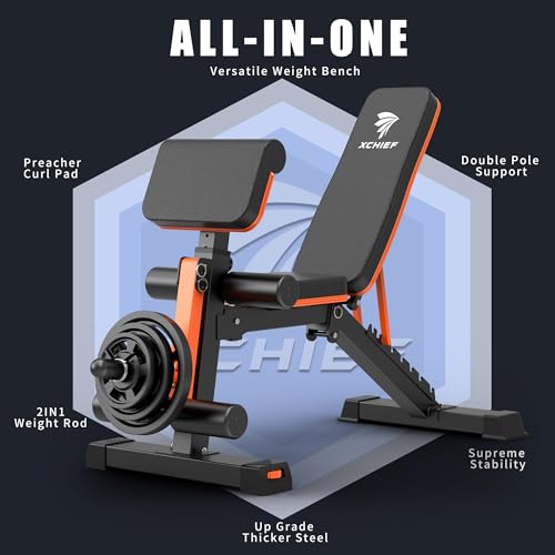 XCHIEF Adjustable Weight Bench - 1000LBS Heavy Duty Foldable Workout Bench Press with Leg Extension & Preacher Pad, Flat/Incline/Decline for Home Gym