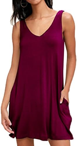 MISFONDLE Women's Sexy Casual Summer V Neck Sleeveless Blouse Shirt Dress with Pockets Wine Red