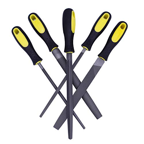 Fatmingo 8 inch High Carbon Steel Metal File Set Rubber Handles Flat Round Half Round Square Triangular Rasp Files for Metal, Woodwork, a Storage Pouch and a Cleaning Brush