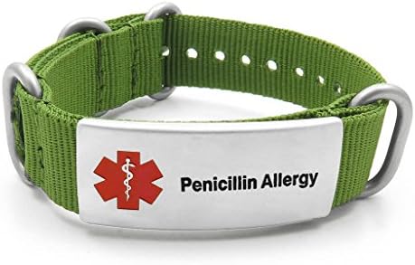 IDtagged Penicillin Allergy Green Adjustable Nylon Medical Alert ID Bracelet w/ Matte Stainless Steel Tag