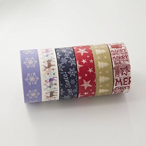6 Rolls Christmas Washi Tape Set Total 197 Feet HolidayTape for Christmas Wall Tree DIY, Scrapbooking, Craft Projects and Gift Wrapping