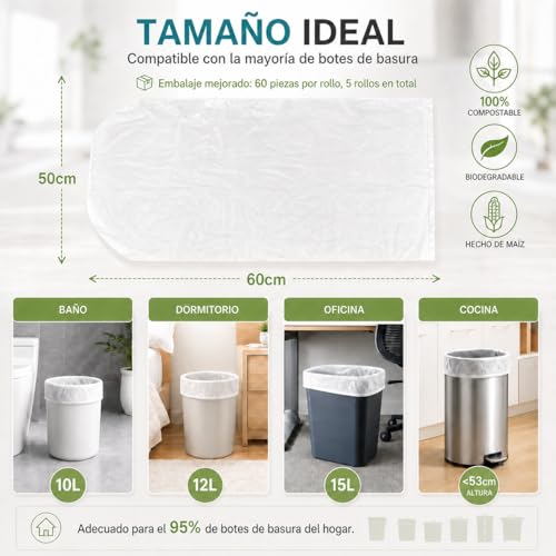 JZCQZCXB Bolsas de Basura de 4 Galones 300 Piezas, Bolsas para Basura Medianas Biodegradables 50 * 60CM, Gruesas, Inodoras, Grandes, Compostables, ideal para Cocina, Baño, Oficina, Hogar (Blanco)