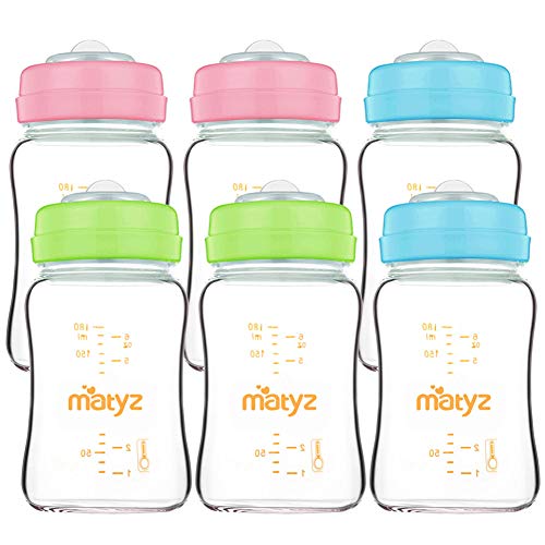 Matyz 6Pack Borosilicate Glass Breast Milk Bottles (6 oz, 3 Colors) Wide Neck Breastmilk