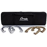 Champion Sports Tournament Horseshoe Set: Classic Outdoor Lawn Game includes Two Chrome & Two Brass Plated Professional Horseshoes with Solid Steel Stakes & Carrying Case