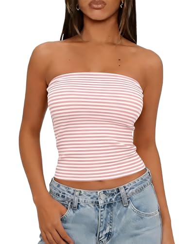 LOMON Strapless Tube Tops for Women Summer Y2k Going Out Sleeveless Cropped Slim Fit Tank Top (Pink and White Striped, XL) at Amazon