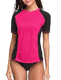 Camiseta de natación de manga corta para dama, cuello en V, UPF 50+