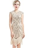 BABEYOND Women's Flapper Dresses 1920s Beaded Fringed Great Gatsby Dress (Beige + Crystal Decorations, S)