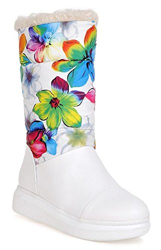 CHFSO Women's Winter Trendy Round Toe Colorful Faux Fur Lined Mid Cuff Mid Wedge Heel Boots White 4 B(M) US