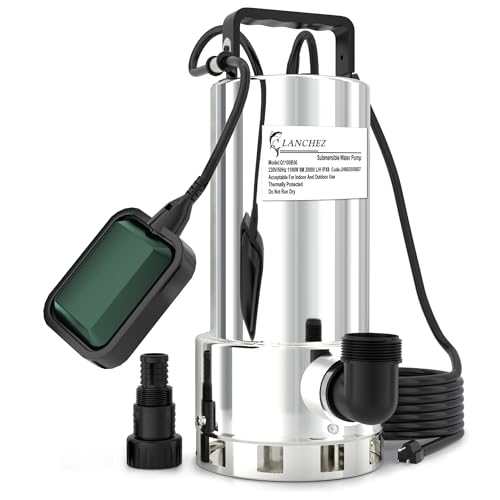 LANCHEZ 1100 W Submersible Dirty Water Pump, 20,000 l/h, Max Discharge Head 8 m, Max Immersion Depth 7 m, with Automatic Float Switch, 10 m Power Cable for Pool Emptying, Basement, Garden