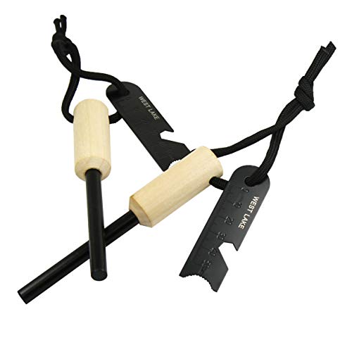 WESTLAKE Set of Two Survival 5/16″ Ferrocerium (Ferro) Rods Flint Fire Starter Kits with Wood Handles and Steel Strikers