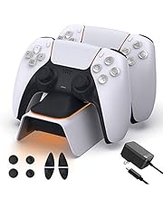NexiGo Upgraded PS5 Controller Charger with Thumb Grip Kit, Fast Charging AC Adapter, Dualsense Charging Station for Dual Playstation 5 Controllers with LED Indicator, White