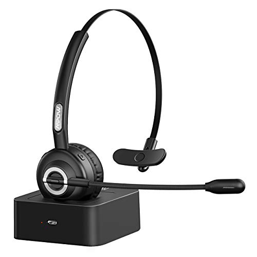Mpow Bluetooth Headset with Charging Station, 17 Hrs Bluetooth Headset Talktime/180 Hrs Charging Dock, Noise Cancelling Microphone Bluetooth Headphones for Office/Cell Phone/Skype/Driver