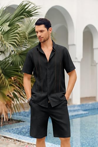 Men's Linen 2 Piece Set Regular Fit Button Down Beach Shirt and Shorts Sleeve Summer Clothes