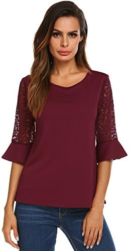 Yayado Women's 3/4 Lace Bell Sleeve Round Neck Solid Summer T-Shirt Tops Blouse