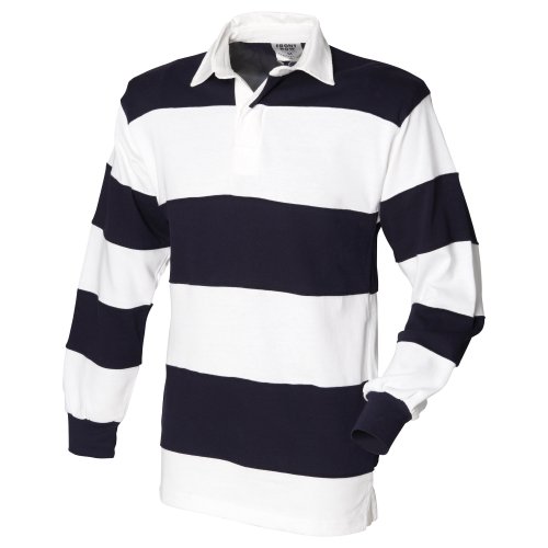 Front Row Sewn Stripe Long Sleeve Sports Rugby Polo Shirt (XL) (White & Navy (White collar))