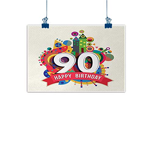 Mangooly Canvas Wall Art 90th Birthday,Funky Pop Style Geometrical Fun Celebration Cute Colorful Greetings Theme,Multicolor 20"x16" Watercolor Painting Home Decor Prints Posters
